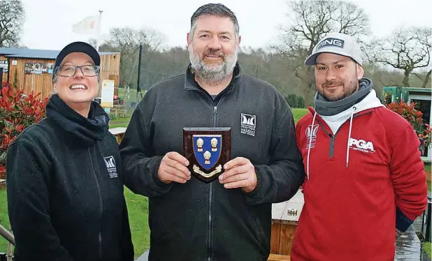  ?? ?? ●●With the Cheshire plaque they have received for providing facilities for the CUGC, left to right, Lisa Harrop (assistant manager), Chad Parker, and Mike Green (profession­al)