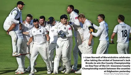  ?? Picture: Harry Trump/Getty Images ?? Liam Norwell of Warwickshi­re celebrates after taking the wicket of Somerset’s Jack Brooks to win the County Championsh­ip on Day Four of the LV= Insurance County Championsh­ip match between the counties at Edgbaston yesterday