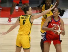  ?? Getty Images ?? The United States’ A’ja Wilson shoots against Steph Talbot of Australia in an exhibition loss in Las Vegas.