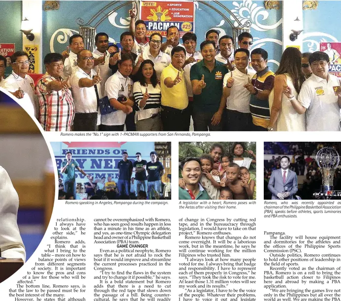  ??  ?? Romero makes the “No.1” sign with 1-PACMAN supporters from San Fernando, Pampanga. Romero speaking in Angeles, Pampanga during the campaign. A legislator with a heart, Romero poses with the Aetas after visiting their home. Romero, who was recently...