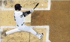  ?? MORRY GASH THE ASSOCIATED PRESS ?? Brewers’ Christian Yelich hits a single in the first inning against the St. Louis Cardinals on Monday in Milwaukee. Yelich is hitting .330 with a .675 slugging percentage this season.