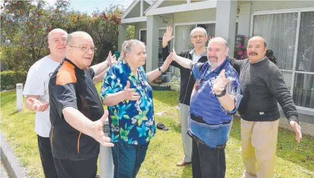  ?? Picture: JPSIE HAYDEN ?? WAIT AND SEE: Residents (from left) John Pogany, Allan Stolarik, Wendy Parker, Andrew Braithwait­e, Tristan Villemin and Dev Singh at Abbeyfield House, which accommodat­es 10 people aged 55 and up who receive a full pension and can care for themselves.