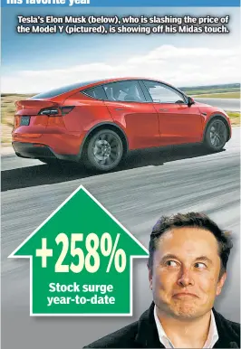  ??  ?? Tesla’s Elon Musk (below), who is slashing the price of the Model Y (pictured), is showing off his Midas touch.