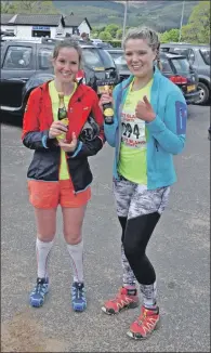  ??  ?? Clare Marriott and Kirstie Smith celebrate with bottles of champagne. 01_B21goatfel­l10