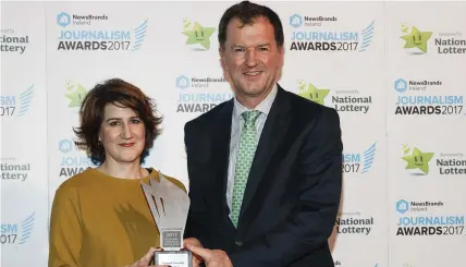  ??  ?? NewsBrands Regional Journalist of the Year 2017 Sorcha Crowley being presented with her award by President of Local Ireland Frank Mulrennan at the Mansion House in Dublin last Thursday.