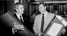  ?? Ron Edmonds/Associated Press ?? Then-Chief of White House Secret Service detail Jerry Parr, left, and Secret Service agent Timothy McCarthy hold valor awards in 1981 in Washington for their part in the attempt on President Ronald Reagan’s life.