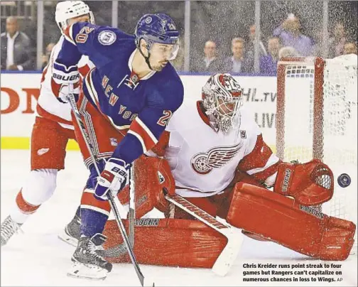  ??  ?? Chris Kreider runs point streak to four games but Rangers can’t capitalize on numerous chances in loss to Wings.