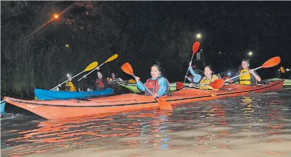  ??  ?? El grupo. La “flota” de kayaks avanza: no hace falta saber remar para hacer la excursión.