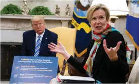  ?? Photograph: Rex/ Shuttersto­ck ?? Dr Deborah Birx speaks during a meeting in the Oval Office with Trump.