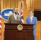  ?? ?? State Rep. Adam Mathews, R-Lebanon, introduces a new bill alongside primary co-sponsor Rep. Dani Isaacsohn, D-Cincinnati.