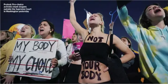  ?? ?? Protest: Pro-choice activists chant slogans outside the Supreme Court in Washington yesterday