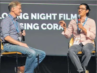  ?? SALLY COLE/THE GUARDIAN ?? Jamie Redford, left, of the Redford Centre reacts to Jeff Orlowski, director, during a question-and-answer session following the screening of Orlowski’s film, “Chasing Coral” Saturday night at the 2017 Prince Edward Island Film, Food & Ideas Festival...