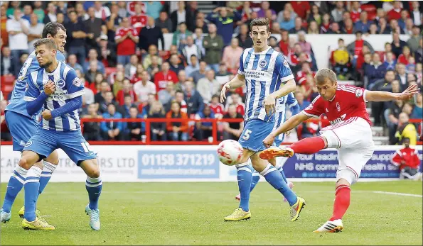  ?? PICTURES: Action Images ?? KEEPING FOCUSSED: Nottingham Forest’s Robert Tesche takes a shot at goal as the Reds fire blanks against Brighton