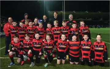  ??  ?? Arklow under-12s played during half-time at the leinster v Montpelier game in the RDS Arena recently, they also had the added bonus of being flag bearers for the leinster team as they entered the pitch. Arklow played their usual brand of running rugby...