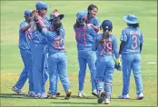  ??  ?? Indian women celebrate the wicket of England’s Tanya Beaumont during the women's ) Tri-Series at Brabourne Stadium in Mumbai on Thursday.