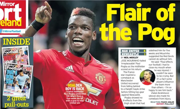  ??  ?? GOALDEN BOY IS BACK France midfielder Paul Pogba celebrated his return from a five-week lay-off with a goal to help United win