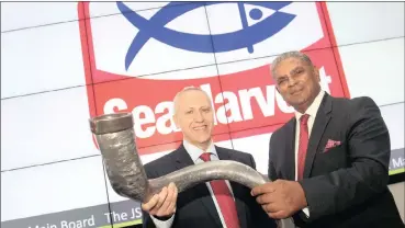  ?? PHOTO: SUPPLIED ?? Sea Harvest chief executive Felix Ratheb, and Fred Robertson, chairman of Brimstone Investment Group Corporatio­n, blowing the kudu horn to mark the company’s listing yesterday.