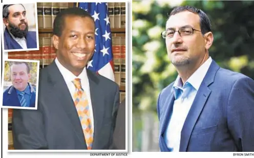  ??  ?? Prosecutor Martin Bell (l.) and defense lawyer John Meringolo (r.) nearly came to blows Tuesday in federal court during bribery trial of ex-cop James Grant (inset below) and Jeremy Reichberg (top).