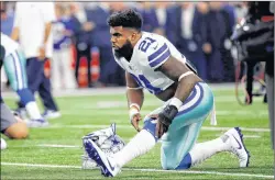  ??  ?? AP PHOTO In this file photo from last Sunday, Dallas Cowboys running back Ezekiel Elliott warms up before an NFL football game against the New York Giants Arlington, Texas. The NFL is asking a federal appeals court to move quickly on its request to...