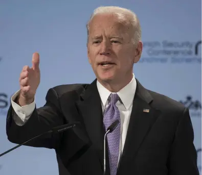  ??  ?? BIDING HIS TIME: Former Vice President Joe Biden, who’s mulling a run for president, speaks at the Munich Security Conference in Munich, Germany, on Saturday.