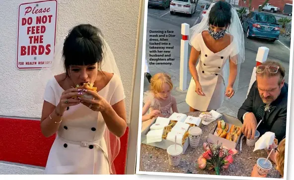  ??  ?? Donning a face mask and a Dior dress, Allen tucked into a takeaway meal with her new husband and daughters after the ceremony.