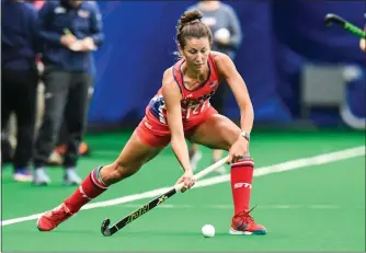  ?? COURTESY MARK PALCZEWSKI - USA FIELD HOCKEY ?? Owen J. Roberts graduate Kelly Marks plays a pass during an internatio­nal friendly between USA and Belgium at the Spooky Nook Sports Complex in Manheim on Nov. 30, 2018.