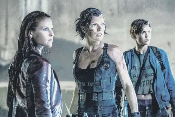  ??  ?? Ali Larter as Claire Redfield, Milla Jovovich as Alice / Alicia Marcus and Ruby Rose as Abigail in Resident Evil: The Final Chapter.