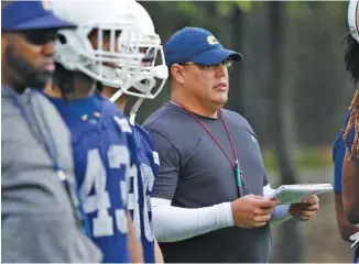  ?? STAFF FILE PHOTO BY DOUG STRICKLAND ?? Inside linebacker­s coach Oscar Rodriguez watches players during the UTC football team’s first spring practice at Scrappy Moore Field on Feb. 24. He said his unit has “shown flashes at times” since then.