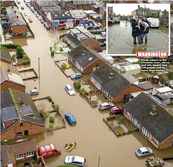  ??  ?? Flood waters in the Cheshire town, above and left, meant that 100 people had to leave their homes