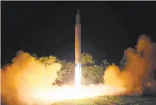  ?? Korean Central News Agency / Associated Press ?? North Korea released this photo on Saturday, said to be the launch of a Hwasong-14 interconti­nental ballistic missile.