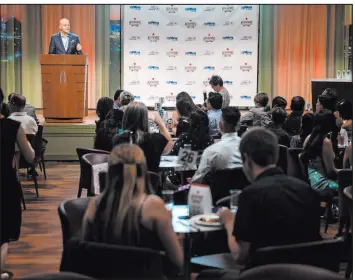  ?? Steel Brooks Las Vegas Review-journal ?? Master of ceremonies Chet Buchanan speaks to the crowd at the Review-journal’s Academic Excellence Awards at Myron’s at The Smith Center on Wednesday.