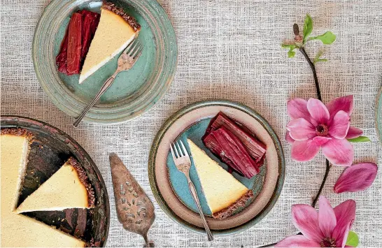  ?? NICOLA GALLOWAY ?? This yoghurt tart, served with roast rhubarb, is a lighter take on baked cheesecake.