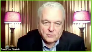  ?? Screen grab ?? Gov. Steve Sisolak gives a news conference Sunday via Zoom. He announced a slate of new measures to stem the tide of COVID-19 cases, as he continues to quarantine because of his COVID-19 diagnosis.