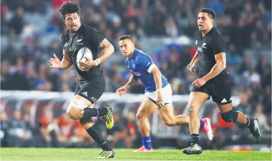  ?? Picture: Getty Images ?? ONE OF 12. All Black flank Ardie Savea on his way to the tryline against Samoa at Eden Park in Auckland yesterday. The All Blacks crushed the islanders 78-0.