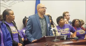  ?? Emilie Munson / Hearst Connecticu­t Media file photo ?? Rob Baril, president of SEIU 1199 New England, stood with nursing home workers who came to the state Capitol in Hartford on May 1, 2019, to renew their threats of a strike.