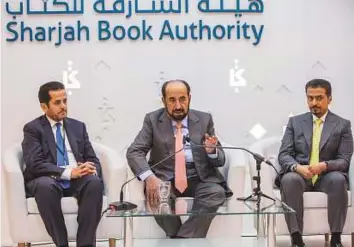  ??  ?? Dr Shaikh Sultan with UAE Ambassador to France Madhed Al Khaili (left) and Ahmad Bin Rakkad Al Ameri, chairman of the Sharjah Book Authority, at the 37th Paris Book Fair.