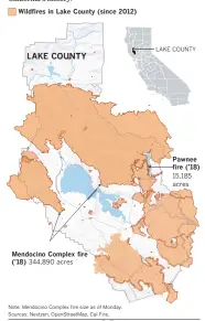  ?? P. Krishnakum­ar Los Angeles Times ?? Since 2012, more than 420,000 acres have burned across Lake County. Much of the damage has been caused by the Mendocino Complex fire, which is now the largest in California’s history. Wildfires have burned 53% of Lake County since 2012