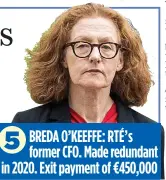  ?? ?? 5
BREDA O’KEEFFE: RTÉ’s former CFO. Made redundant in 2020. Exit payment of €450,000