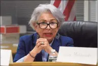  ?? Matthew Brown / Hearst Connecticu­t Media file photo ?? Candidate Eva Maldonado answers questions during the fifth annual Angela Lorenti Memorial Board of Education Forum hosted by the Parent-Teacher Council at the Government Center in Stamford on Oct. 10, 2019.