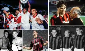  ?? Composite: Getty; Alamy ?? From top left: Marcel Desailly in 1994; Marco van Basten and Arrigo Sacchi in 1989; Gunnar Nordahl, Gunnar Gren and Nils Liedholm in the 1950s; Kaká in 2007; Giovanni Trapattoni and Pelé in 1963.