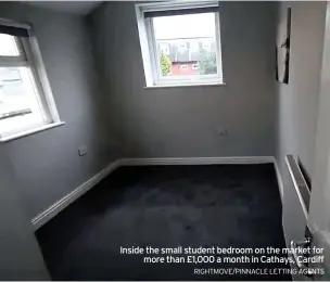  ?? RIGHTMOVE/PINNACLE LETTING AGENTS ?? Inside the small student bedroom on the market for more than £1,000 a month in Cathays, Cardiff