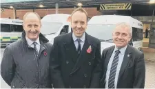  ??  ?? Health Secretary Matt Hancock with local Conservati­ve candidates Kevin Hollinrake (left) and Robert Goodwill outside Scarboroug­h Hospital.