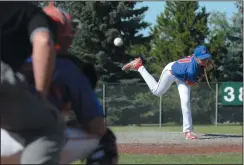  ?? NEWS PHOTO RYAN MCCRACKEN ?? Medicine Hat Majestics pitcher Kaitlyn Ross throws to the plate during Friday's American Legion B Saamis Rotary baseball tournament matchup against Cranbrook Bandits at Jeffries Field.