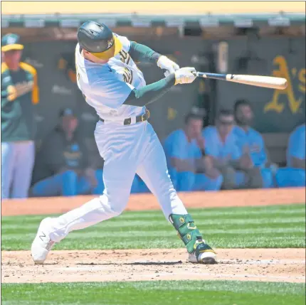  ?? PHOTOS BY DOUG DURAN — STAFF PHOTOGRAPH­ER ?? Mark Canha rips a two-run triple to give the A’s a 2-0 lead in the second inning against the visiting Arizona Diamondbac­ks on Wednesday afternoon.