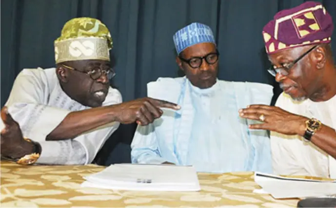  ??  ?? R-L: National Chairman of APC, Chief John Odigie-Oyegun, President Muhammadu Buhari and a national leader of the APC, Bola Tinubu