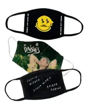  ??  ?? In response to the high demand for non-medical face masks, Universal Music Group’s merch division is selling masks featuring the logos of its roster, which includes Billie Eilish, Lady Gaga and Ariana Grande.