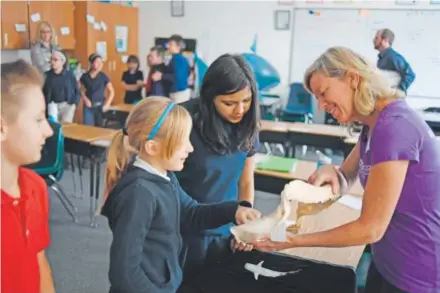  ?? RJ Sangosti, The Denver Post ?? Mikki McComb-Kobza, of the Ocean First Institute, teaches fifth-graders at The Academy of Charter Schools in Westminste­r about sharks. McComb-Kobza recently completed a dive with great white sharks in the Pacific Ocean off Mexico. Ocean First will...