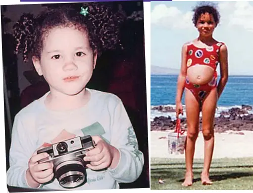  ??  ?? Ready for a close-up: The young Meghan wasn’t at all camera-shy when posing for her dad Thomas at his LA home in the Eighties Sunny life: Meghan, aged nearly seven, clutches a bucket and spade for a day at the beach in 1988