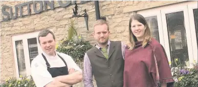  ??  ?? Chef Chris Jones with James Kennedy, 33, and fiancé Jane Bradbury,35, who run the Sutton Gamekeeper,which has been named nominated for another top award