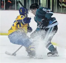  ?? PHOTO: PETER MCINTOSH ?? Maxwell Macharg (left), of the Stampede, and Felipe Aguirre Landshoeft, of the Thunder, clash during a National Ice Hockey League match at the Dunedin Ice Stadium last night.